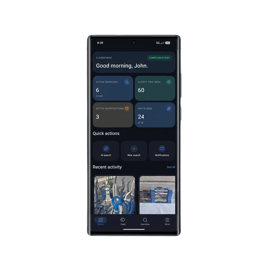 Classifindr mobile dashboard showing active searches, alerts, and notification activity