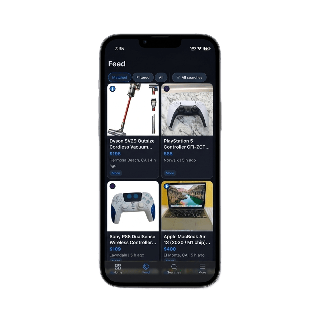 Classifindr mobile alerts feed showing filtered marketplace listing matches