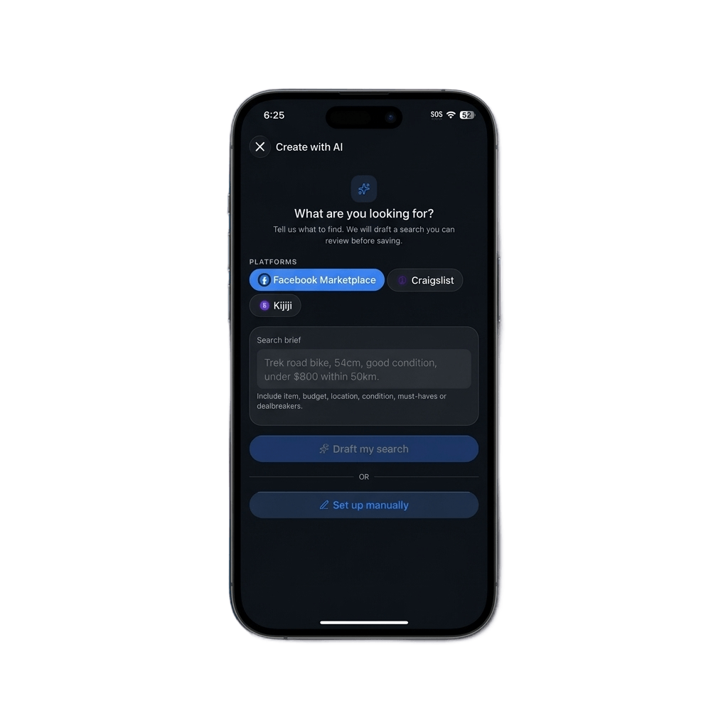 Classifindr mobile search wizard for creating a marketplace alert